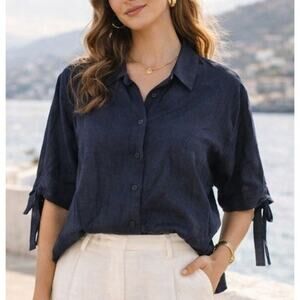 Uchuu Montreal Coastal Linen Cinchable Collared Blouse Womens Small Black Resort